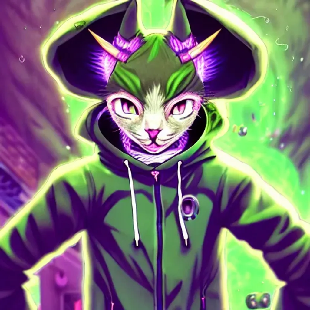 Prompt: A cool Anime character, half cat half minotaur with green eyes wearing a hoodie and popping a bubble gum, Synthwave, wrapped around with fire, a character portrait by Andrei Kolkoutine, Artstation, sots art, 2d game art, steampunk, quantum wavetracing, dark and mysterious By Laurie Lipton, Zdzislaw Beksinski
