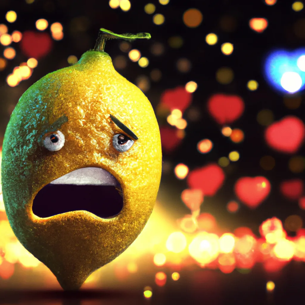 Prompt: heartbroken Lemon character, perfect bokeh effect, Highly detailed, ambient lighting,  Hyper real, extreme details, cinematic lighting, dramatic lighting, photo-realistic, sparks and particles, fairy lights, heart lights in the distance
