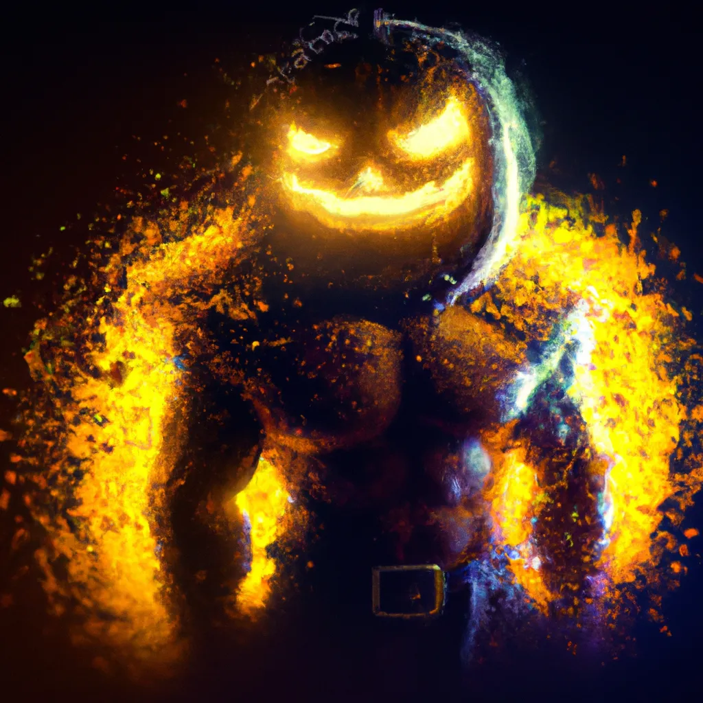 Prompt: a diffuse 3D brownian motion of soft glowy particles, out of the shadows we see more and more clearly a hyper realystic, full bodydynamic shot of Jack o' Lantern character appearing like a prophet of epic darkness, hard crisp texture, super heros, Comic books art, trending on Deviantart, digital painting by Lucas CorddaWork, Hypoflyse, jared krichevsky, and BillCreative and Ian Singh