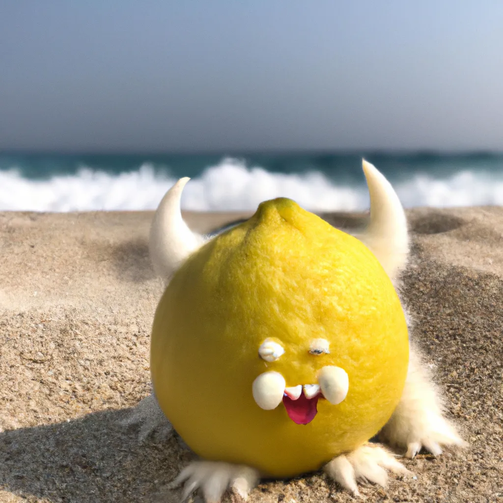 Prompt: lemon on a beach and a cute white furry monster
