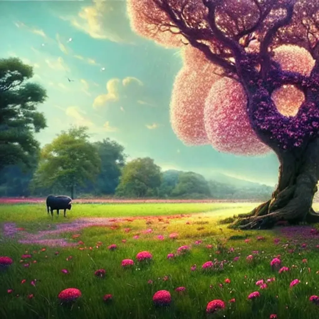 Prompt: It was a summer of endless love, it was magical. A whispering oak, a babbling Brooke, it was all there. Flora and fauna field of flowers dreamy landscape with animals by Tooth Wu, wlop, beeple, dan hillier, rossdraws, artstation, octane render rendered 8k highly detailed, cinematic, hyper realistic, field of flowers landscape by Yoshitaka Amano, Trending artstation pixiv fanbox, cinematic lighting 2 3 4 cinematic lighting, ArtstationHD, high quality render 4 d