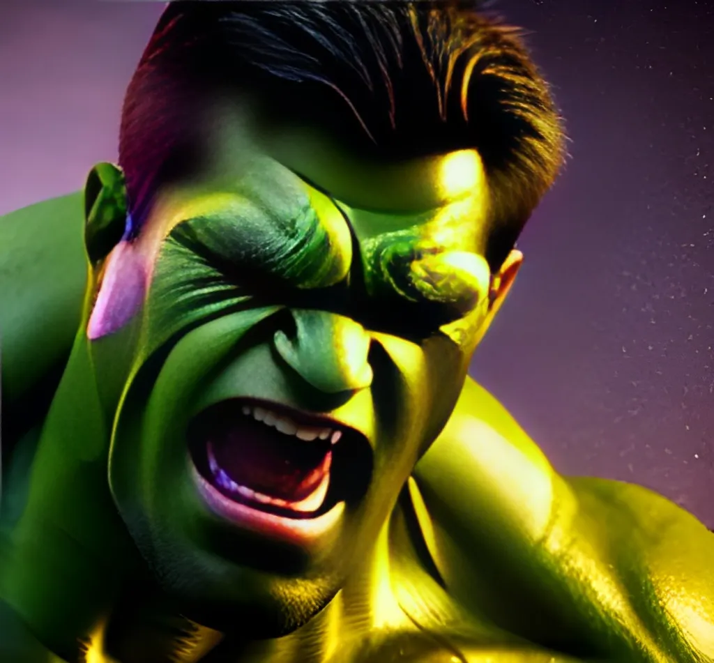 Prompt: young man transforming into incredible HULK under the moon with green sweaty realistic skin, ultra detail, unreal engine, 8 k