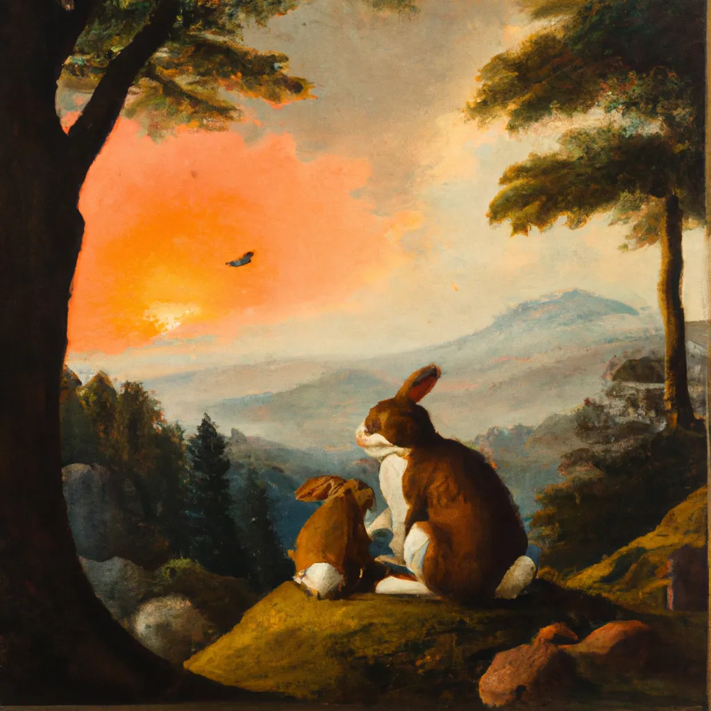 Prompt: 1800s painting big rabbit and small rabbit hugging and sitting on a hill in forrest watching sunset