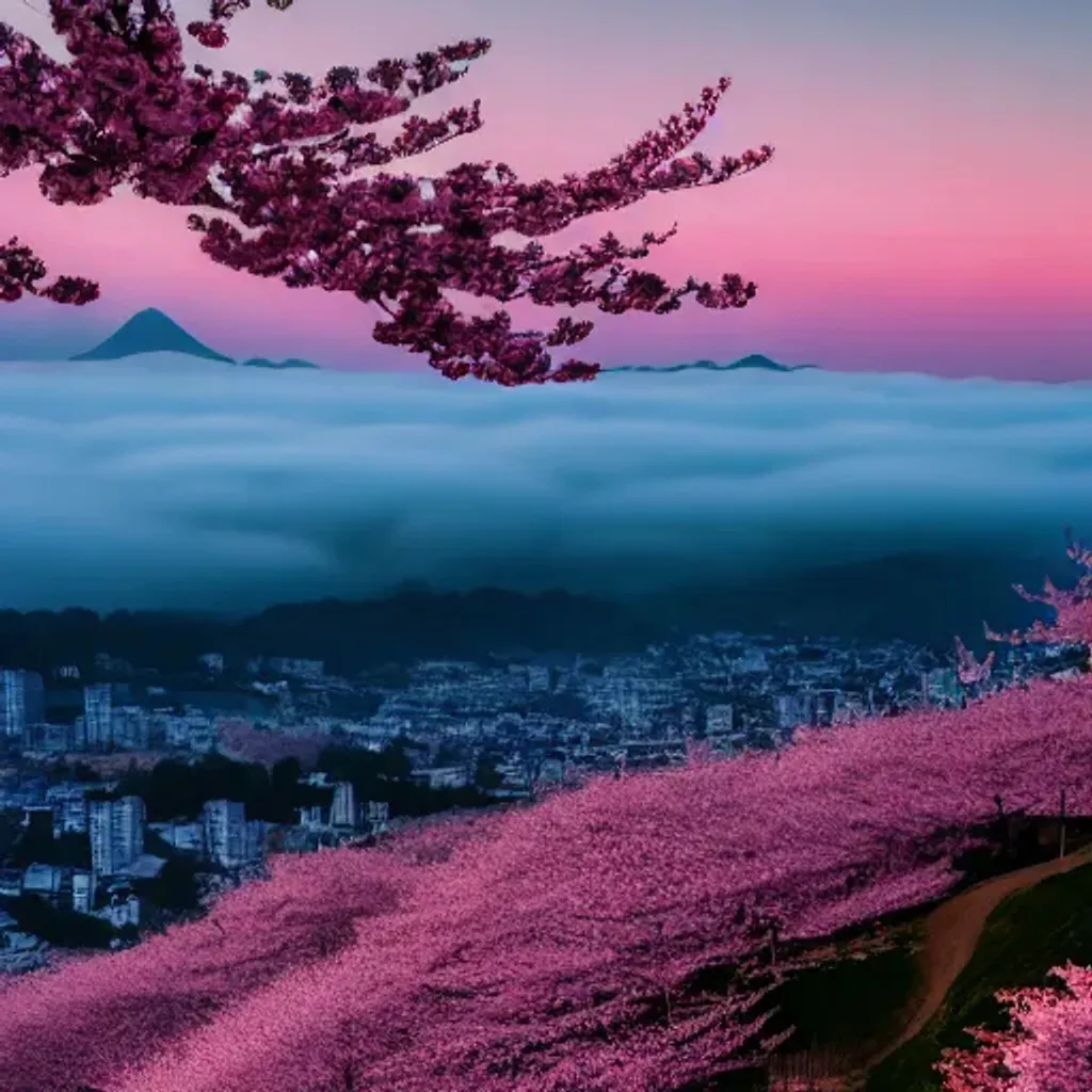 Prompt: mountains and cities covered in cherry blossom, soft light with fog, at night with city and ocean in the distance