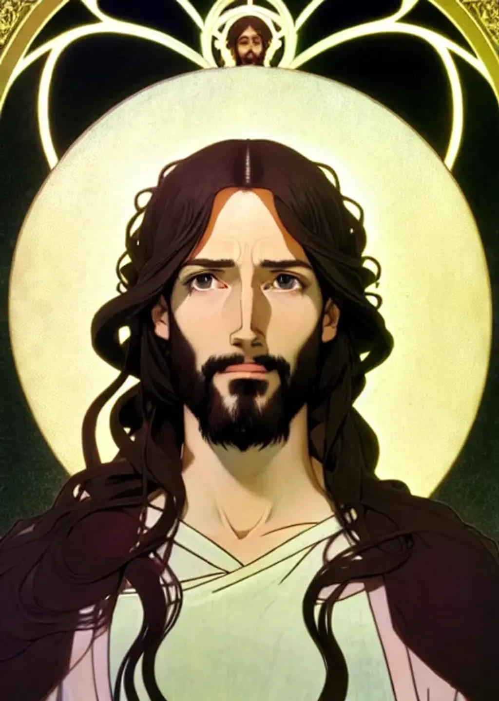 Prompt: Concept Art of Jesus Christ, Son of God, black hair slicked back, full body, path traced, highly detailed, high quality, digital painting, by studio ghibli and alphonse mucha, leesha hannigan, hidari, art nouveau, chiho aoshima, posuka demizu, epic