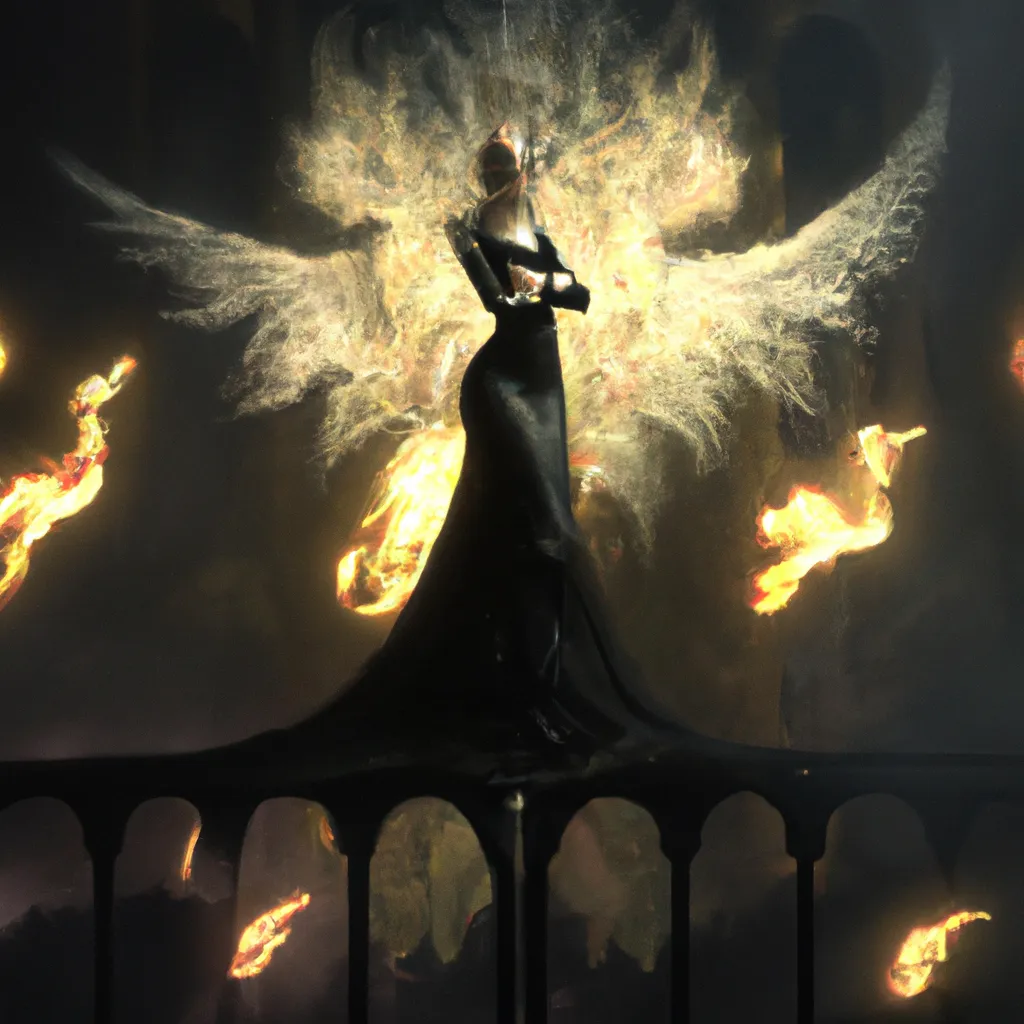 Prompt: a long shot photo of a cute girl in funeral clothing in a church that's on fire, filled with ducks, shrouded by fire light , highly detailed, photo realistic, 4k,by raymond swanland, zdzisław beksinski, iris van herpen!!! and alphonse mucha.  hyper - real, beautiful!