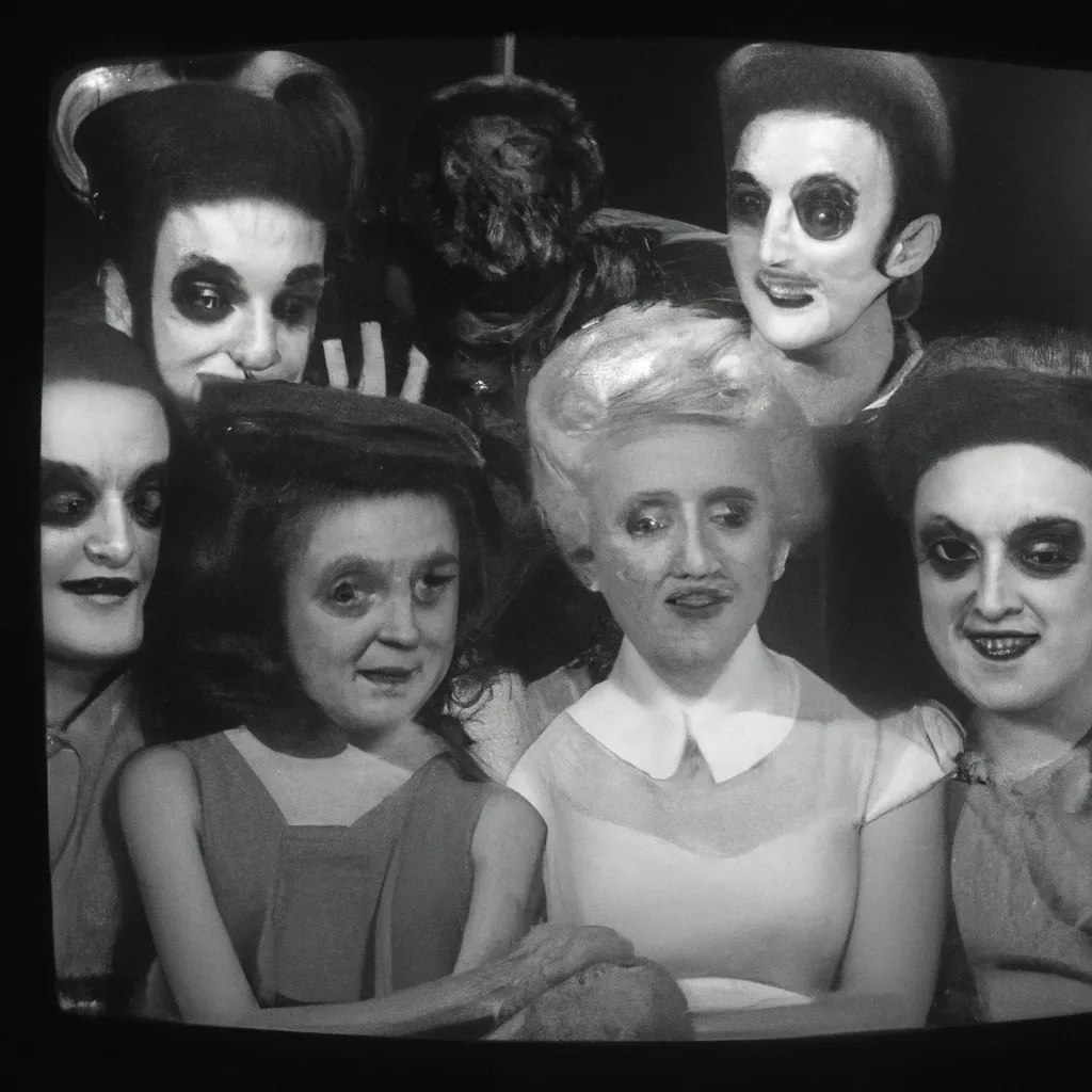 Prompt: a family photo of a family of spooky humanoid goth monsters on a 1960s sitcom, 35mm, 4k, panavision