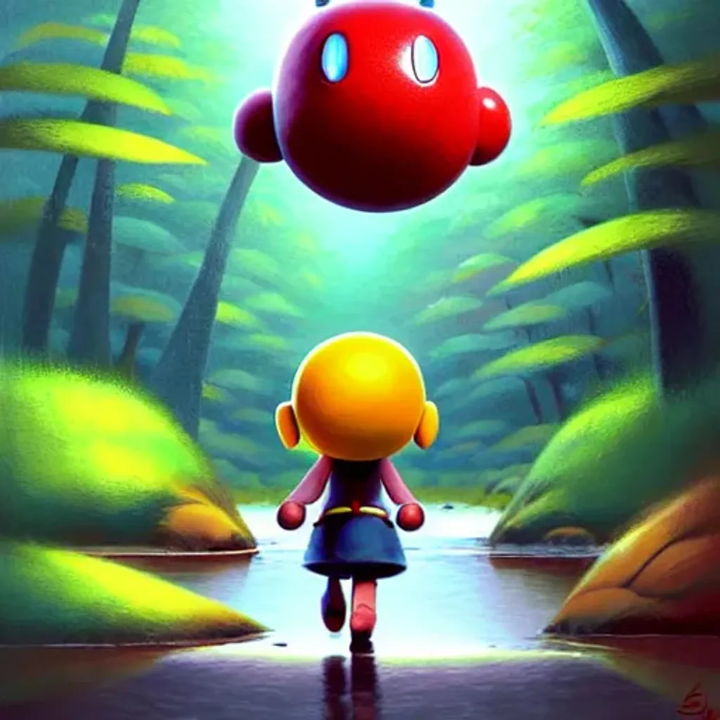 Prompt: goro fujita illustration, walking next to a river in the forest, painting by goro fujita, sharp focus, high detail, Samus protecting Kirby, Nintendo64 style, HD quality