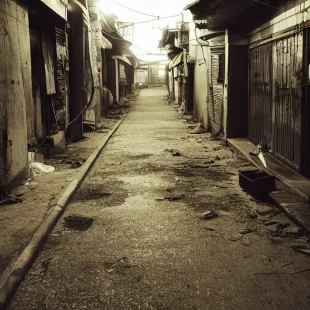 Prompt: abandoned korean street at night, creepy people standing, garbage on ground