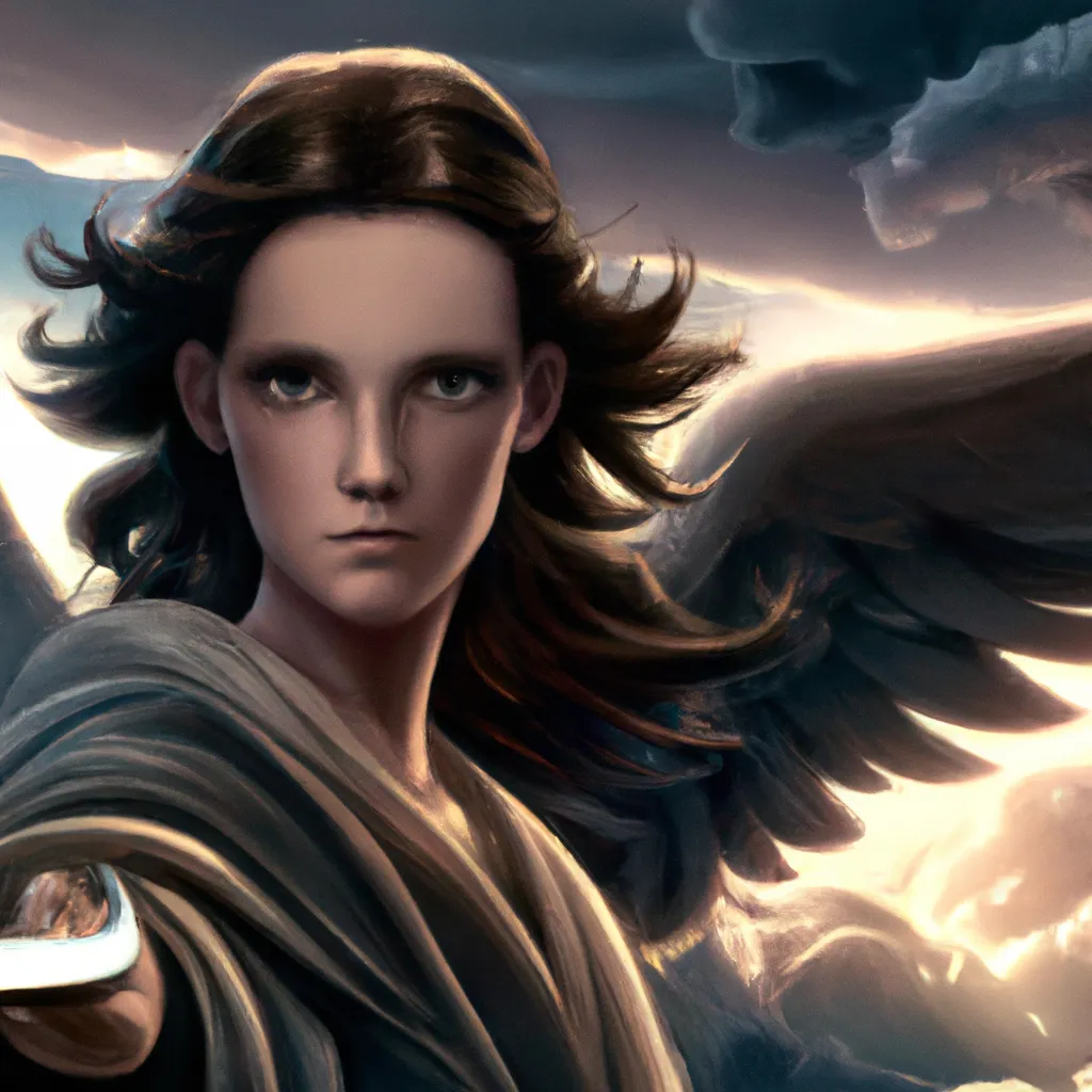 Prompt: A dark female angel, soft detailed face, detailed wings spread out, flaming decorated sword in hand, eyes blazing like flames, lips blood red, nose shapley, radiates beauty, resolute, strong, dark clouds, William-Adolphe Bouguereau-like, realistic, hyper-realism, 8k