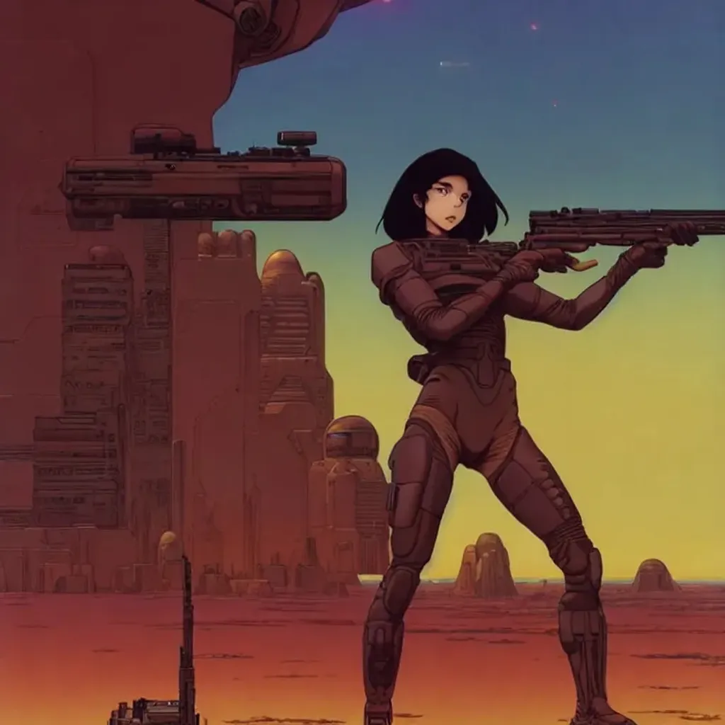 Prompt: Girl with strong build, beautiful face, dark brown hair, aiming rifle, wearing battlesuit standing in alien dessert standing near an alien city , by Makoto Kobayashi, by Moebius, by Jean Giraud, manga, anime style, 80's, Intricate, Hand drawn, concept art, grainy color, dim lighting, Anime Key Visual, beautiful composition