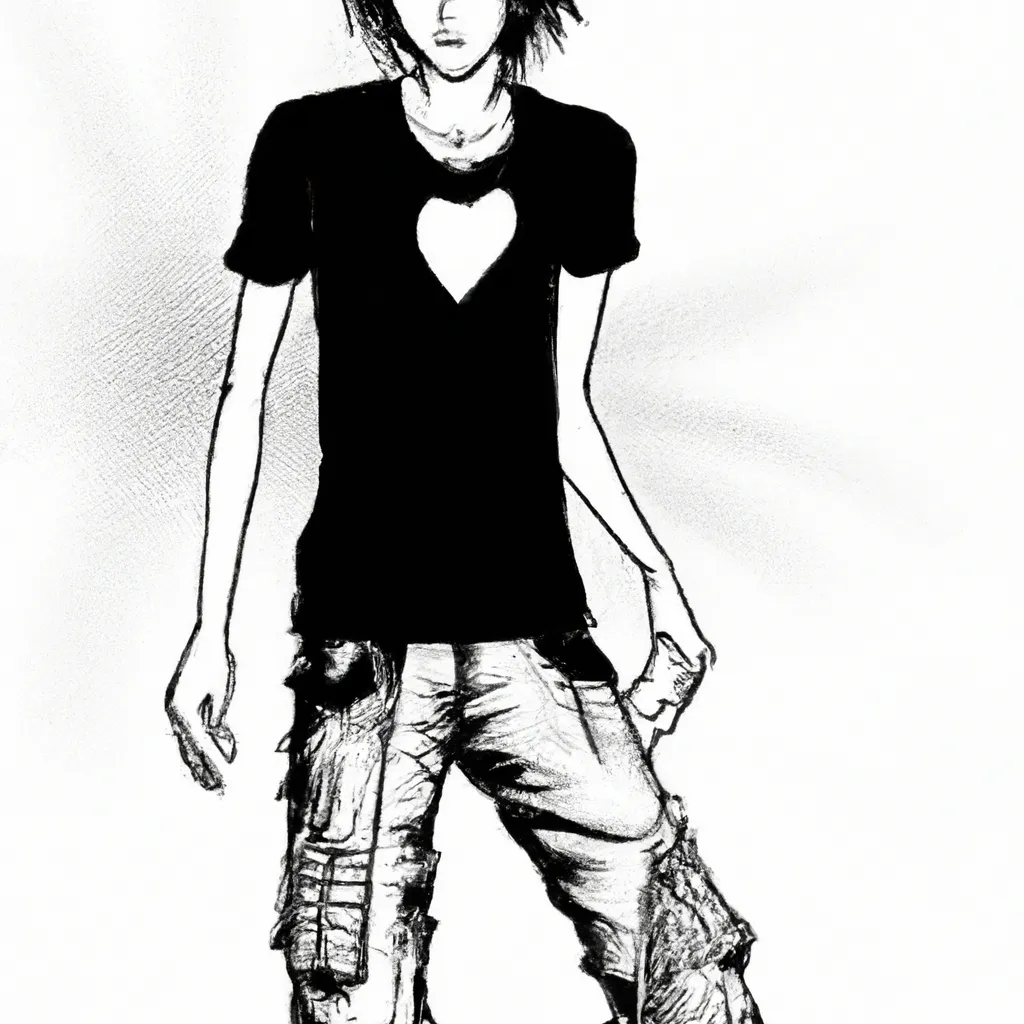 Prompt: a skinny man wearing a punk band shirt, manga illustration, by yoji shinkawa