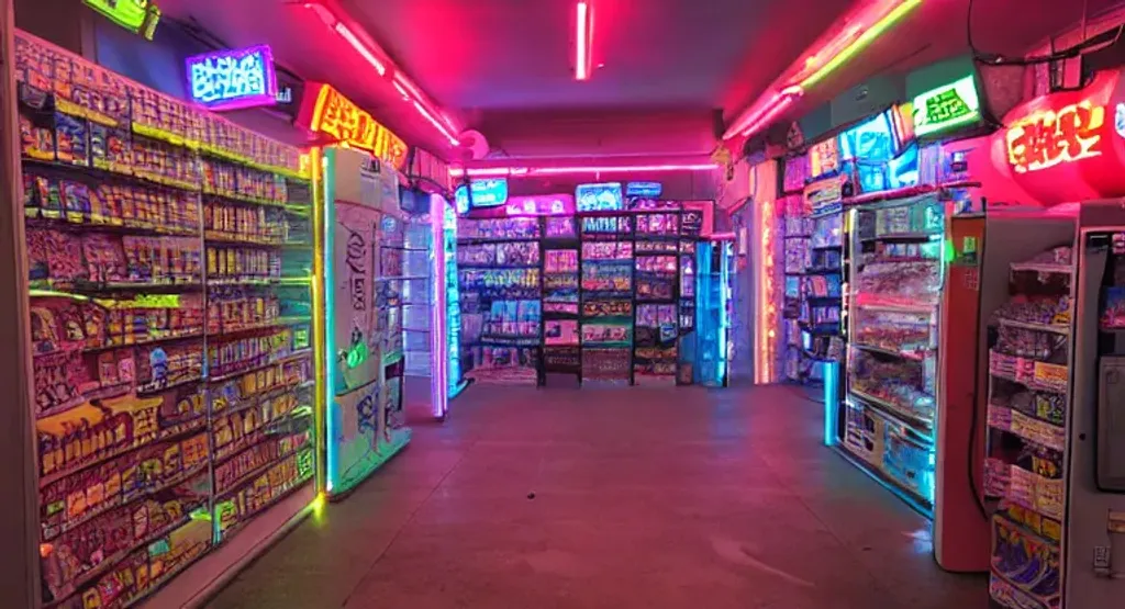 cyberpunk y2k 90's computer parts store with dark ro