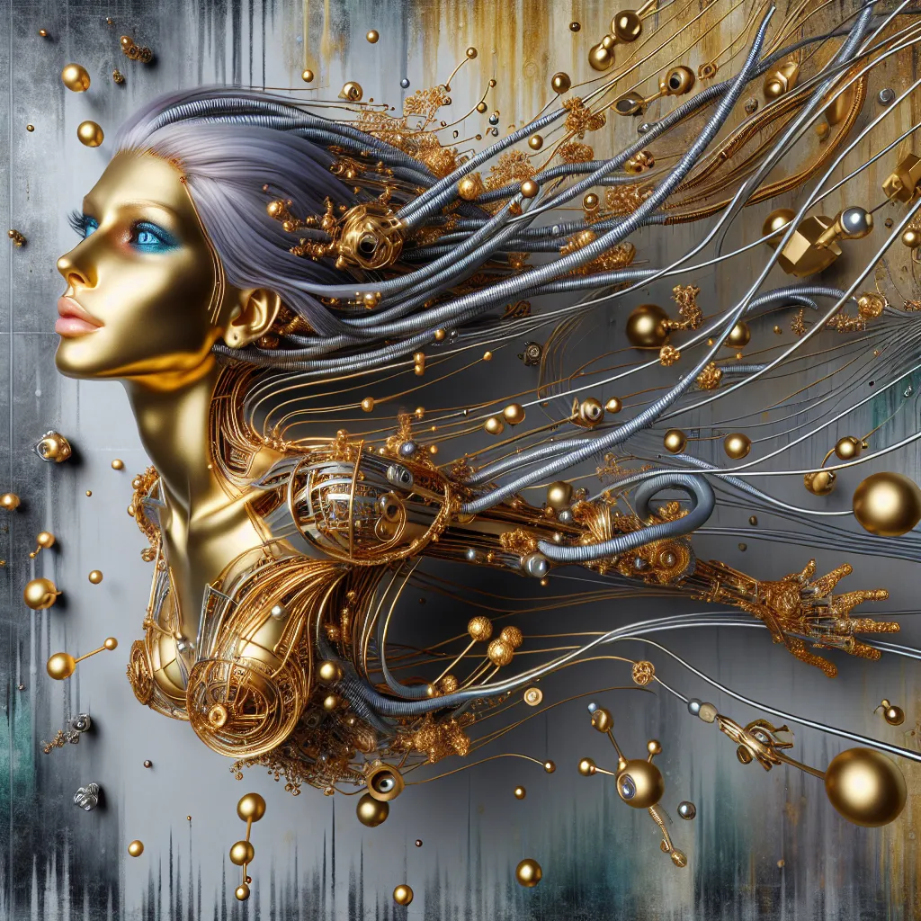 Prompt: a glamoreus jumping woman is futuristically transformed into a golden-plated structure covered in wires. The blue eyes are shown in photo-realistic detail.  It is surrounded by silver and gold detailed small shapes against an abstract background that depicts grey tones as dripping paint