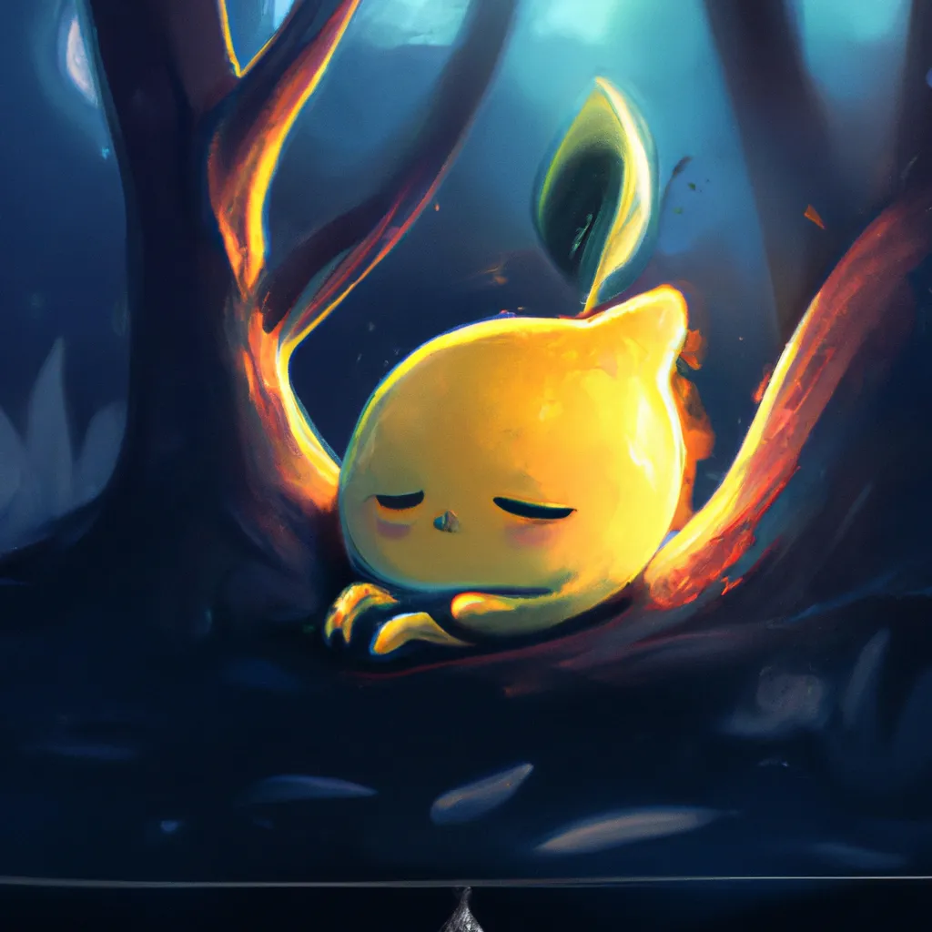 Prompt: Key Disney Visual of an enthusiastic  cute anime lemon critter sleeping by a fire , background is a forest, green and dark blue colour palette; Digital art, trending on artstation, Photorealistic Illustration, anime key visual, cinematic, Ultra Detailed , trending on pixiv, kawaii eyes