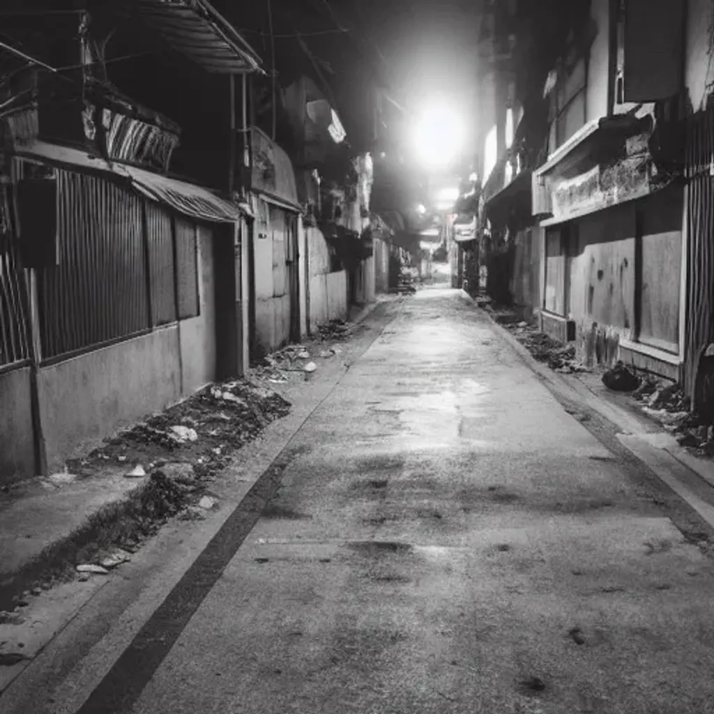 Prompt: abandoned korean street at night, creepy people standing, garbage on ground