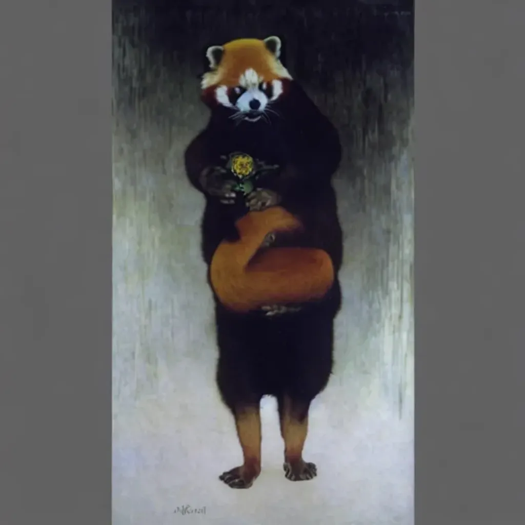 Prompt: a red panda standig holding the world, symmetrical face, yellow eyes, strong jawline, pale skin, freckles, detailed face, dark atmosphere, castle, ruined buildings, attractive, HDRI, masterpiece, smooth, sharp focus, illustration, golden ratio, dark robes, jewels, garden, art by Alan Lee Albrecht Durer alphonse mucha klimt