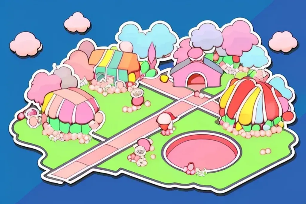 Prompt: candy landscape, soft smooth lighting, with soft colors, centered, isometric, by Pu Hua, trending on pixiv, tachisme, telegram sticker, clean scan, anime still frame, sticker, white margin border, thick black lines, cartoon, gray background flat color, thick white outline, colorful cartoon style, Die-cut sticker, sticker, white background, illustration minimalism, vector, pastel colors, lack of detail