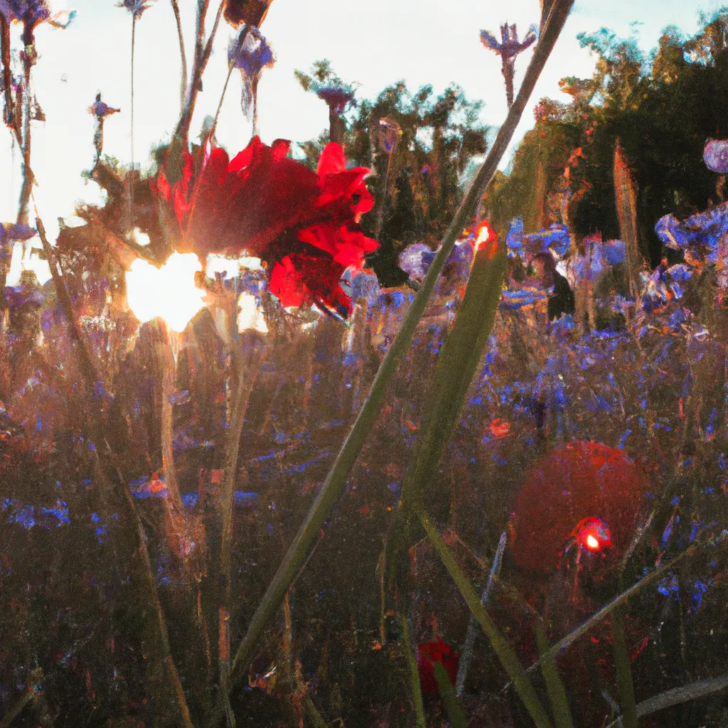 Prompt: A red flower in a field with blue flowers, Bokeh, Golden Hour, Camcorder Effect, Ultra-Wide Angle, Lens Flare, Colorful, Light Mode, Excited