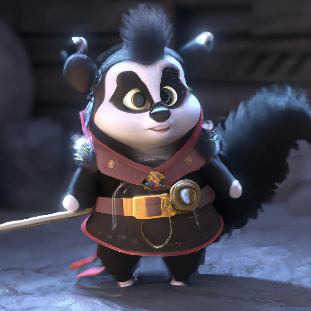 Prompt: Pixar style, tiny cute and adorable skunk  dressed in fantasy clothes, female, small, anthropomorphic ,adventurer, dramatic lighting, 8k, portrait, cartoon, fine details, 3d render, cinematic ,intricate details, cinematic lighting, cute, mascot, main character, adventure, dungeons and dragons, 8k, fluffy!, tsaoshin, pixar movie key visual, fantasy, DnD, adorable!, big eyes, animated, disney