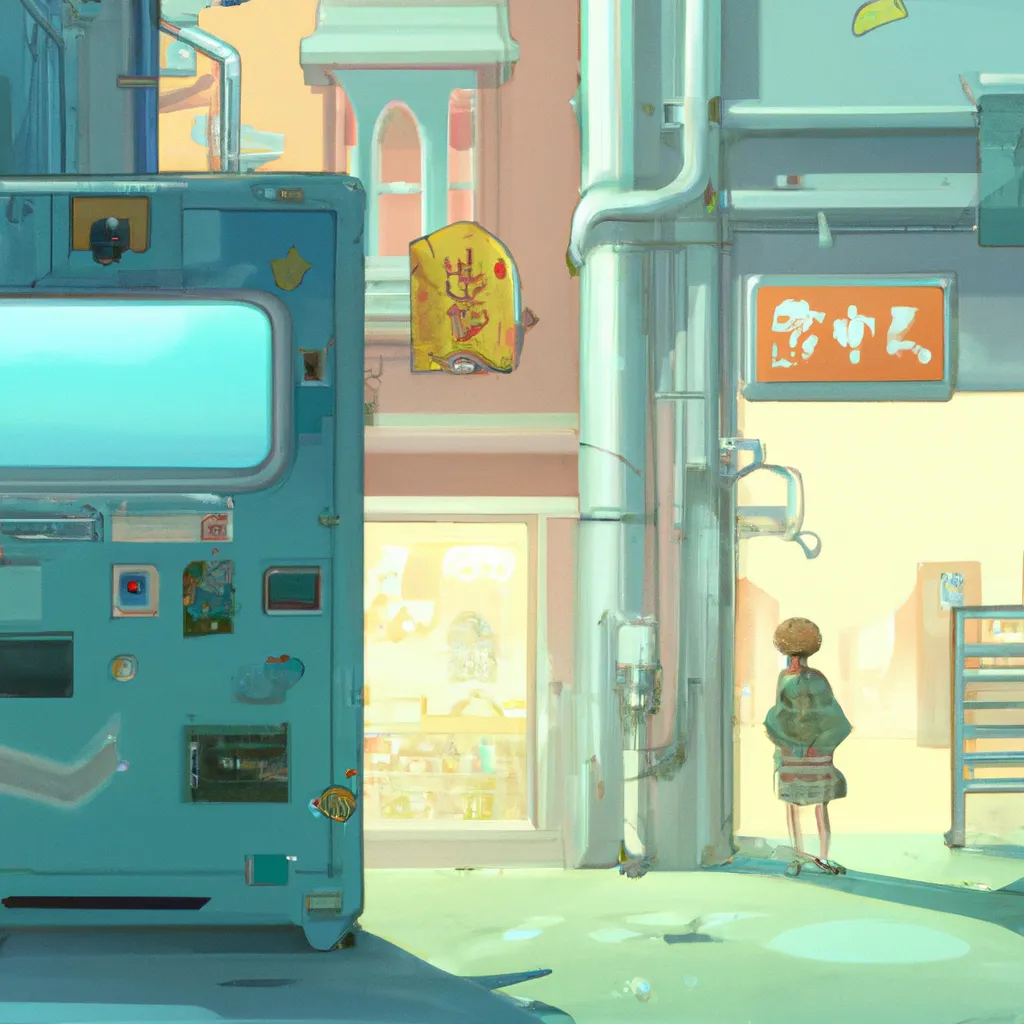 Prompt: Key anime visual; tokyo alleyway with a vending machine, Studio Ghibli 1990s anime movie, 4K HD, sharp, digital still, trending on pixiv, anime production by Hayao Miyazaki; official media