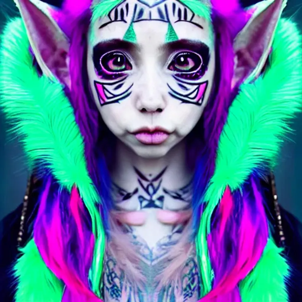 Prompt: Beautiful girl with big wide eyes, tribal face tattoos, long pointy elf ears, bubblegum pink hair, green sparkly eyes, front view, symmetrical, hyper realistic, soft lighting, intricate detail, life like detail, creepy kawaii art by Mai-jai, smooth detail, digital art, professional artist, fantasy, anime, fur, fuzzy, feathers covering chest, bird person, wings