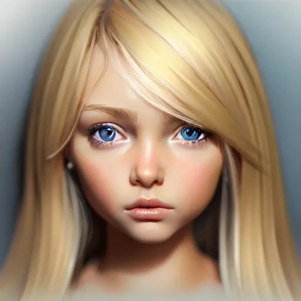 Prompt: Hyper-realistic beautiful young girl, beautiful blond hair, big realistic looking eyes looking at the camera, full face, smooth skin, highly detailed, trending on art station