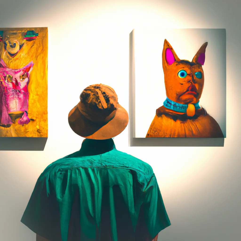 Prompt: A cat-headed man looks at  dog artwork hanging on the wall in an art gallery,lsd trip, realistic,psychedelic