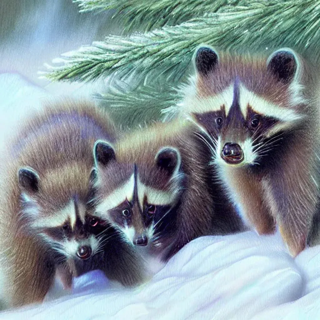 Prompt: digital art painting, painting by George Stubbs of baby raccoons in a pine forest in the winter, cold snow wind ice, baby raccoons, cgi, rendered in maya 