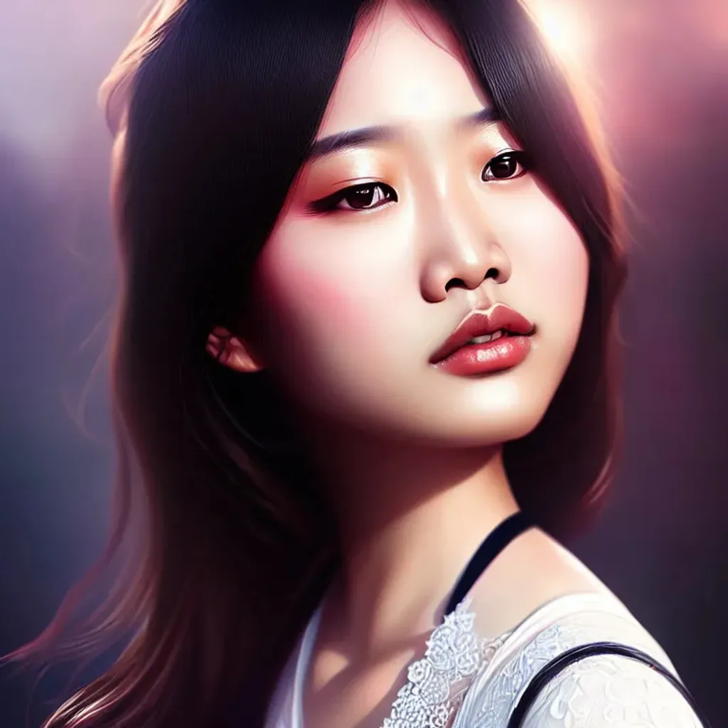 Prompt: an asian girl, (portrait), ultra realistic digital painting, intricate, elegant, highly detailed, ((digital painting)), artstation, smooth, sharp, focus; illustration, (((in the style of WLOP)))