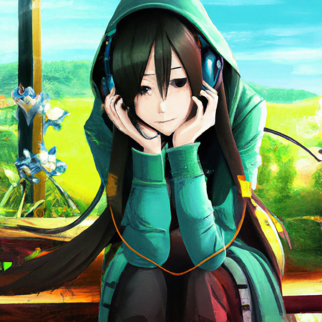 Prompt: anime key visual of an anime girl with long black hair, green hoodie, bored, listening to music on earphones, brown, orange, green and dark blue colour palette; Digital art, trending on artstation, Photorealistic Illustration, anime key visual, cinematic, Ultra Detailed , sword art online  abec 2008 , a screenshot of x ( anime series sword art online SAO)