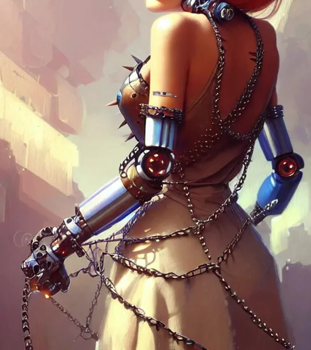 Prompt: a cute robot wearing a dress made out of spiked chains and leather straps. fantasy, intricate, digital painting, artstation, smooth, sharp focus, illustration, art by artgerm and greg rutkowski and alphonse mucha