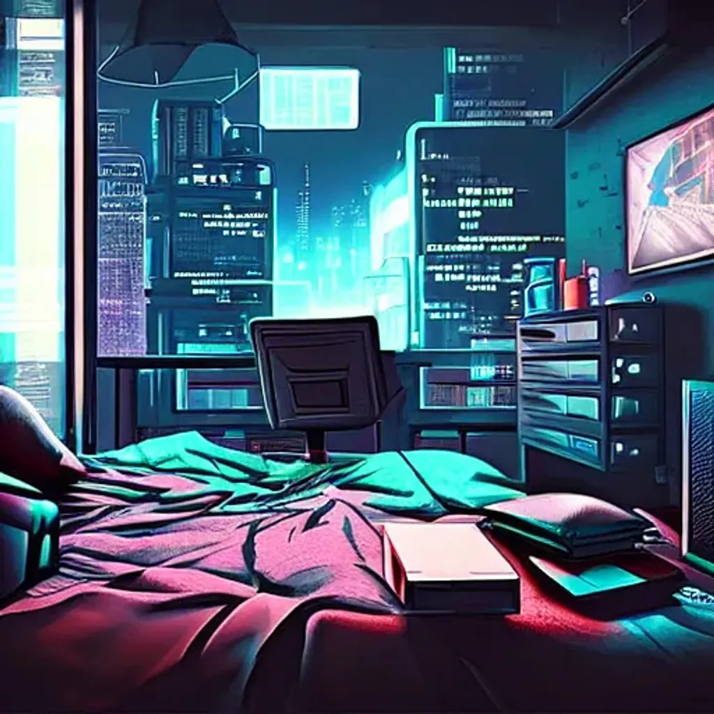 Prompt: cyberpunk room, messy bed, computer in corner, city outside