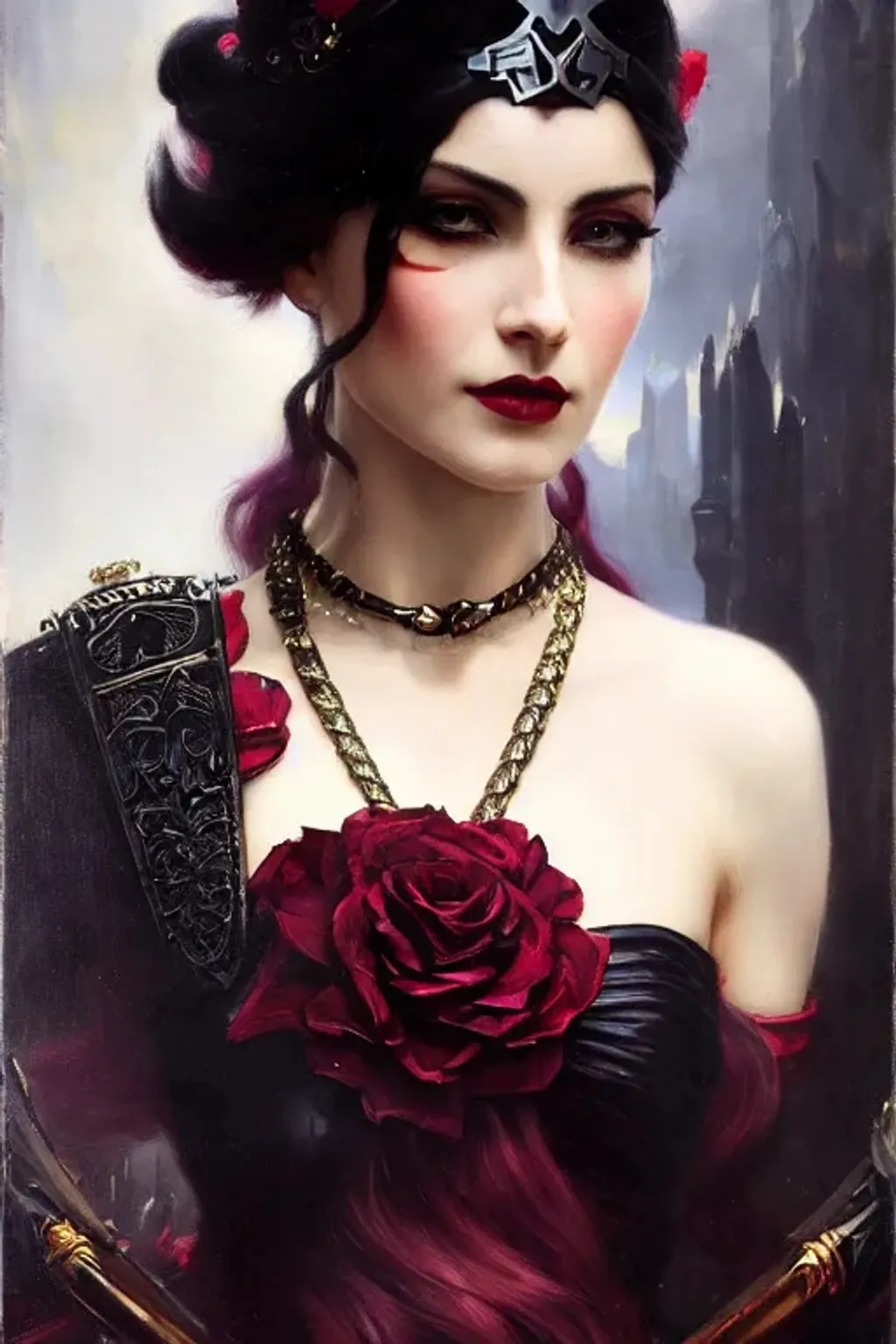 Prompt: villain, the female pirate, ornate, opulent, black, brushed ruby, gold, obsidian, silver, tattoo, ancient futuristic tech, retrofuturist, optimistic, lovely, dnd character portrait, intricate, oil on canvas, masterpiece, expert, insanely detailed, 4k resolution, john william waterhouse, singer sergeant, composition, agnes cecile, bowater