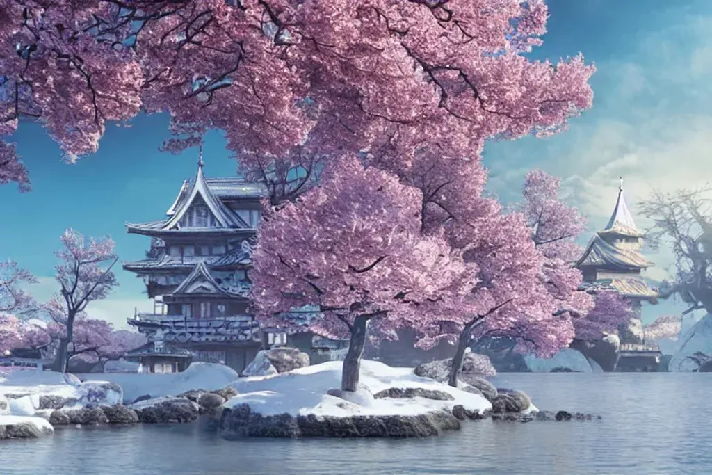 Prompt: Sakura Castle on an island in winter. Beautiful epic Victorian architecture, Sakura Tree and Flowers, Winter and Snow, Sunbeam. Deep rich colours. By Pablo Carpio, Greg Rutkowski, Yeonhee Kim, Martin Deschambault. matte painting, hyperrealistic, unreal engine 5, volumetric lighting, ray-tracing reflections, Trending On Artstation, beautiful nature photography, radiant, dramatic colours, oil painting, cinematic, HDR, octane render, masterpiece 4k