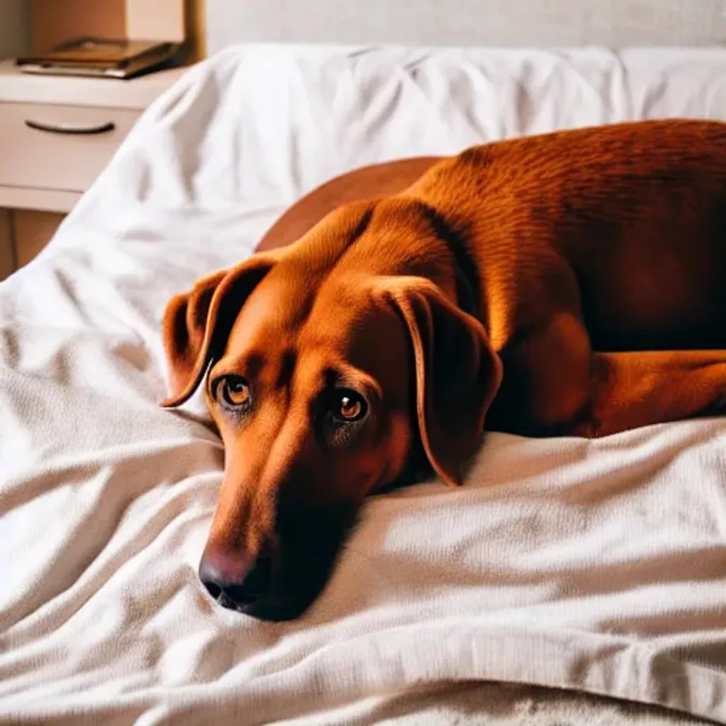 Prompt: a large brown dog laying on top of a bed, a stock photo, inspired by Chica Macnab, featured on unsplash, renaissance, & her expression is solemn, captured with sony a3 camera, panoramic view of girl, sony nicon iphone 1 3 pro max, jean grey, local close up