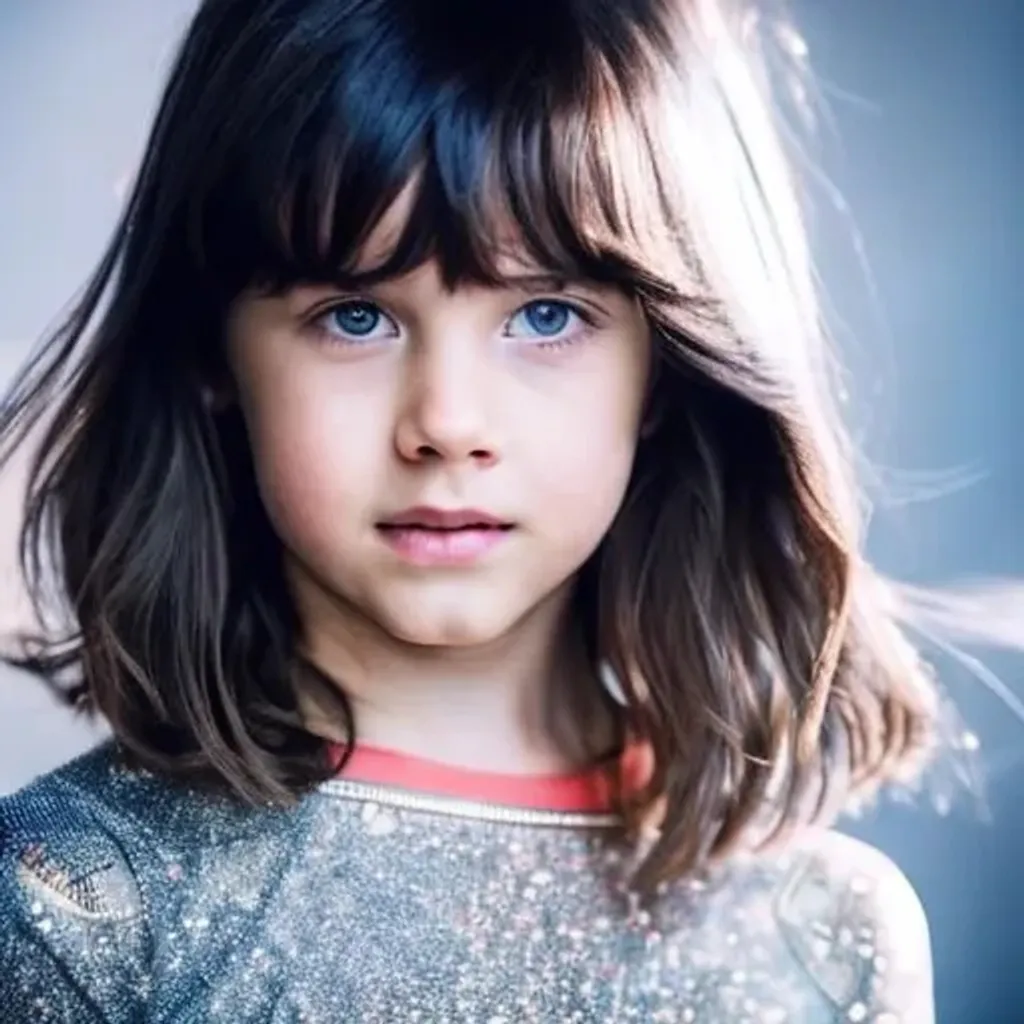 Prompt: cute beautiful child girl with {dark hair} from another civilization and race, dressed in beautiful soft transparent  clothing with geometric symbols, {{{dark hair}}}, closeup portrait with soft light bokeh, standing on the spaceship, beautiful intricate {soft hair}, natural color of lips, symmetrical face, soft lighting, deep color of the {{{blue eyes with light reflections}}}, A very small mouth, a kind smile, a sparkle in the eyes, {smooth soft skin}, cute smile, strong bright soft light from the behind, Multidimensional reality, parallel world, anime whide open deep blue eyes