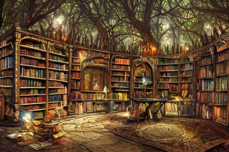 A magical Library in the woods, mysterious, fantasy,... | OpenArt