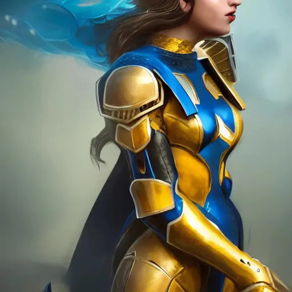 Prompt: a beautiful super heroine wearing blue and gold tiara and armor shaped like waves, in fighting position, portrait, cinematic lighting, hyper detailed, 4K, trending on Artstation.