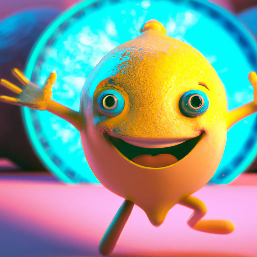 Prompt: Vintage Cover art, dynamic action pose laughing Victorian yellow lemon character at a disco stage, in the shape of a lemon, beautiful eyes, concept art + 25mm + extremely + pink and blue lighting beside the lemon + detailed + ultra-realistic, soft shadows + photo realistic glisten + 4k + uhd + 3d + octane render + cinematic