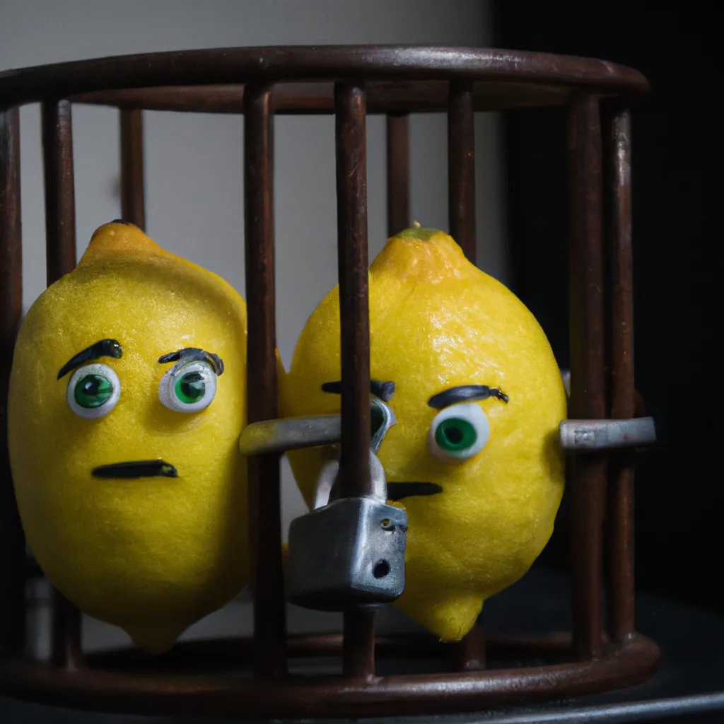 Prompt: A Photo of a Anthropomorphic Lemon In a Police Cell Arrested by other Anthropomorphic Lemon, photorealistic, dark, moody, Humanoid Lemon, arrested, Lemon Police, hand cuffed