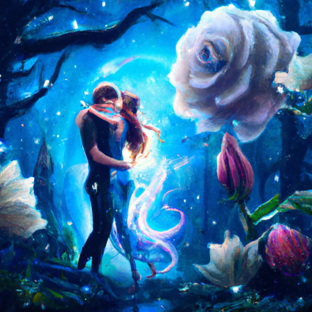 Prompt: Desires and love, Passionate Kissing and embrace, nature spirit. Space, friendship, femininity, strength, healing, ecology, flowers, Constellations. Lillies. Roses. Fantasy. Forest. Trees. bokeh, matte painting, digital art, digital airbrush by Anna Dittmann, preston blair, Tom Bagshaw, patrick nagel. Clear art.