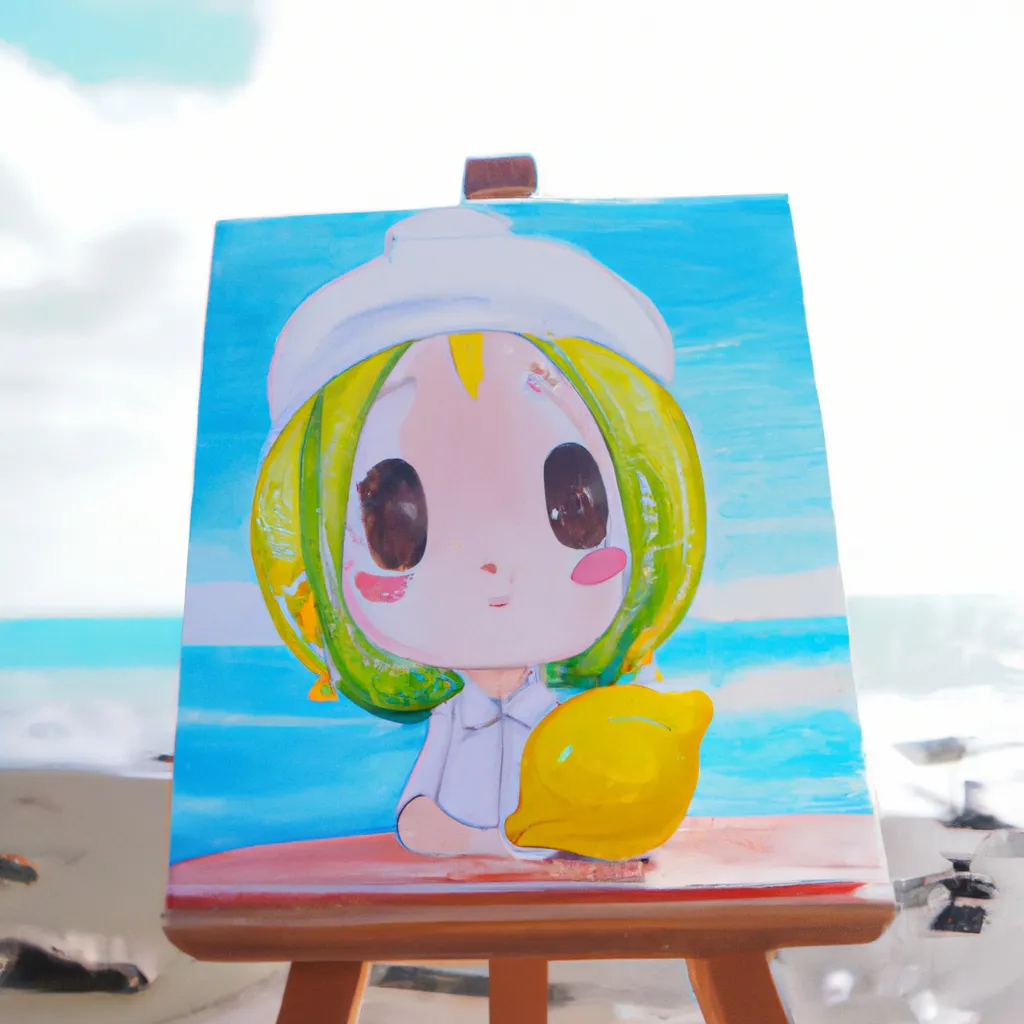 Prompt: Cute anime Hatsune Miku  lemon with kawaii face wearing a love lemon shirt with lemon berets is painting  on a canvas board on the beach while looking at me