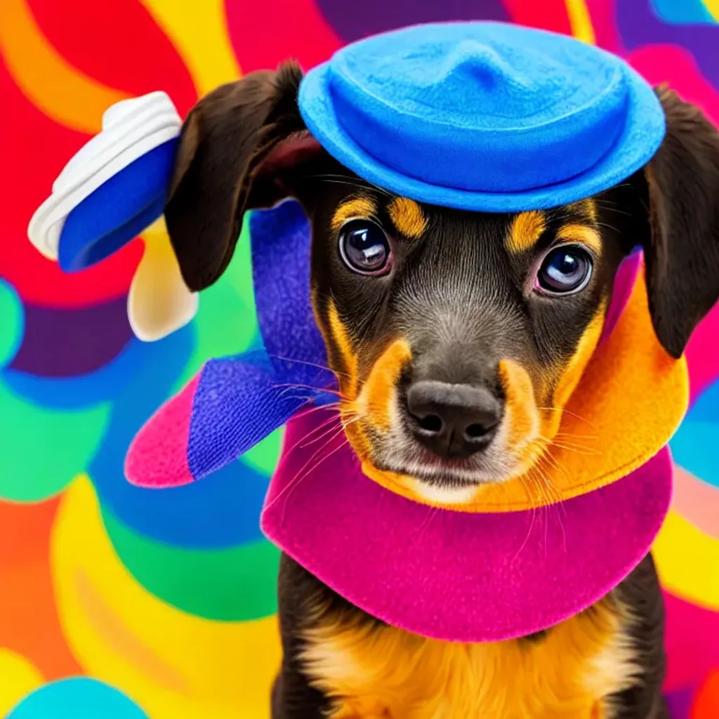 Prompt: portrait of a cartoon puppy with a hat, vibrant colors, gouache swirls 