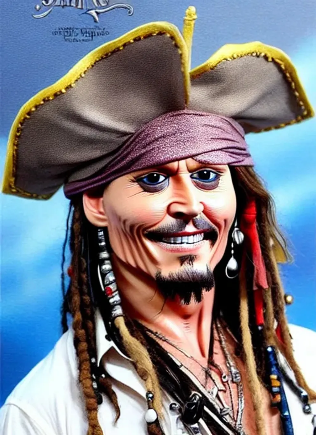 Prompt: ((((((((big big big big big head))))))), (((((((tiny tiny tiny tiny tiny tiny body)))))), Johnny Depp as Jack Sparrow, big head tiny body, big smile, perfect teeth, perfect sparkling eyes, highly detailed facial features, perfect hands, perfect feet, comic style, caricature style, intricate, vivid color, highly detailed body,  cinematic, digital art, sharp focus, trending on art station, 