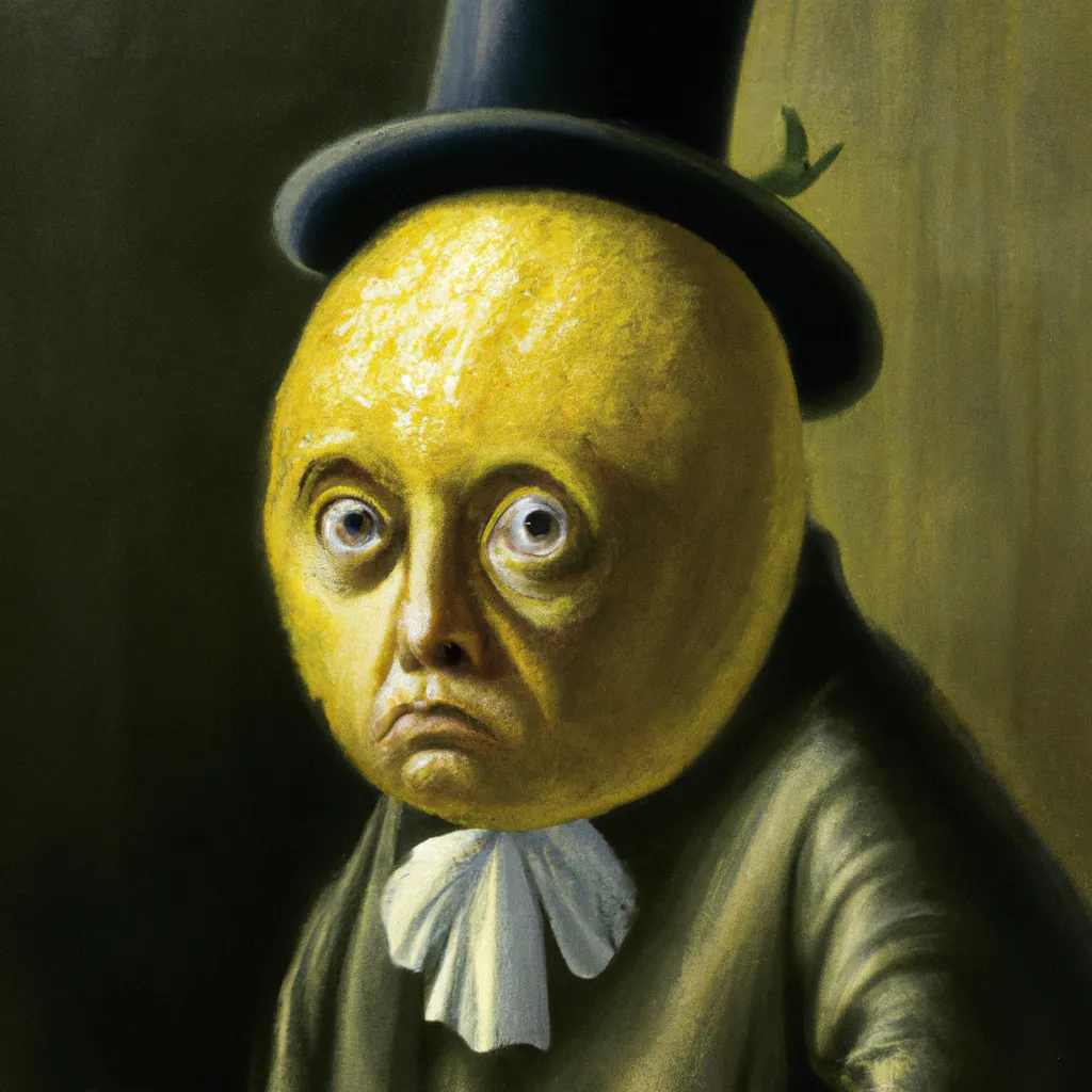 Prompt: A portrait of an anthropomorphic lemon wearing a fancy suit, terrified, hyperrealism oil painting by Jan van Eyck.