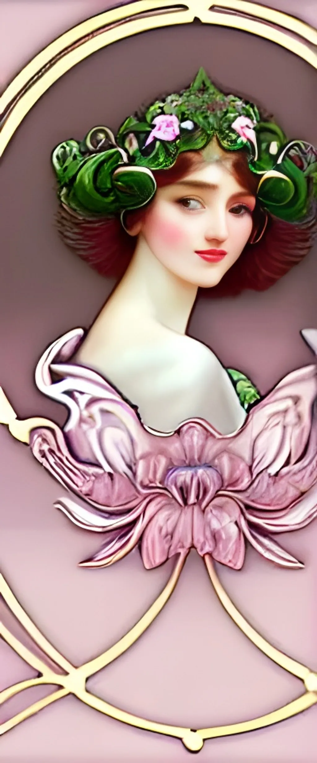 Prompt: art nouveau, highly detailed, very beautiful face perfect nose, pink lips, large green eyes, lovely angel with soft curly auburn hair, filigree arch, fantasy, intricate, elegant, hydrangea blossom full moon highly detailed, digital painting, artstation, concept art, smooth, sharp focus, illustration, art by artgerm and alphonse mucha