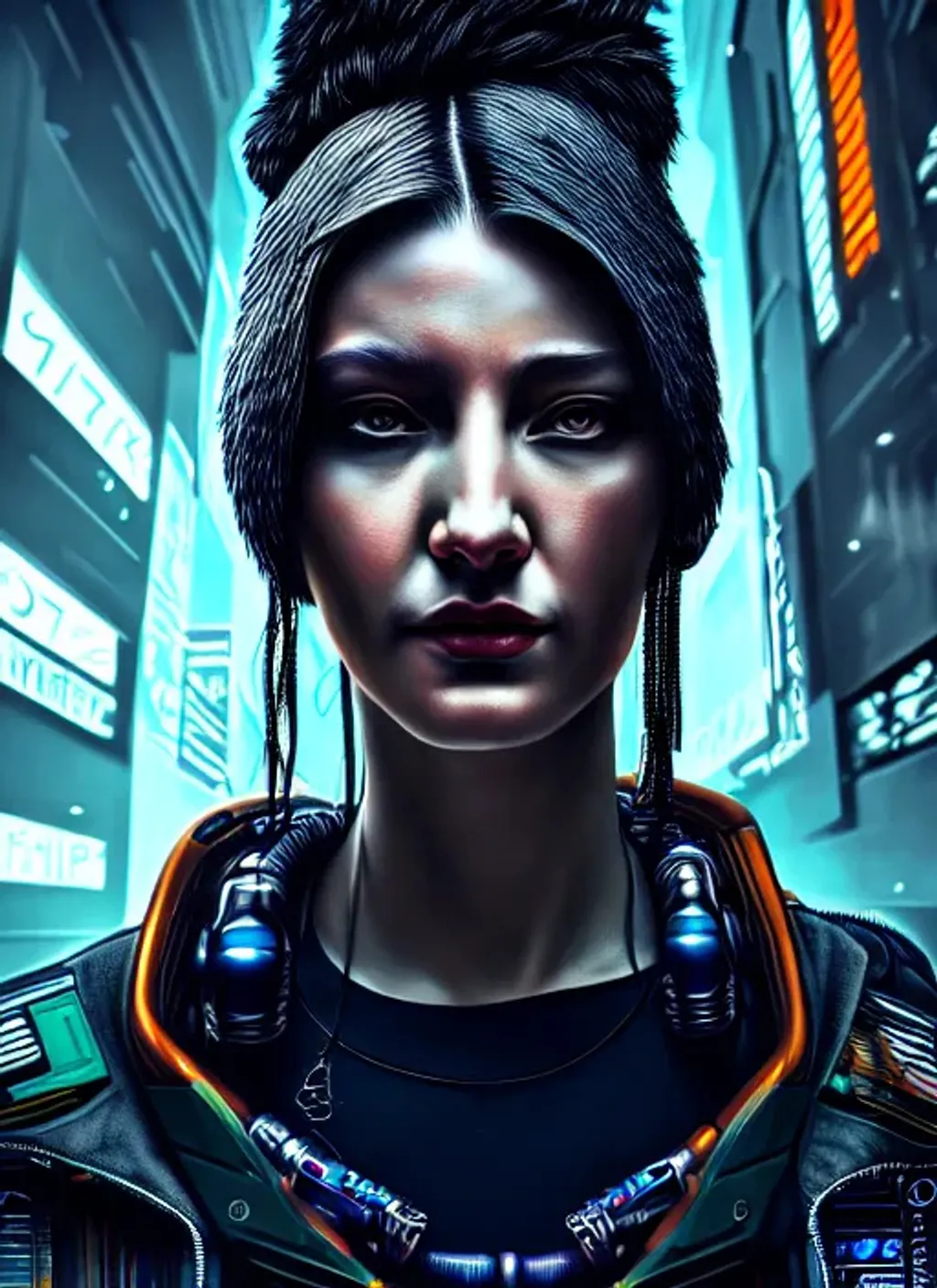 Prompt: Extremely detailed portrait of cyberpunk random character, extremely detailed cyberpunk street hyperrealistic background , 8k, high quality, concept art, trending on artstation, sharp focus, studio photo, intricate details, hyper detailed

