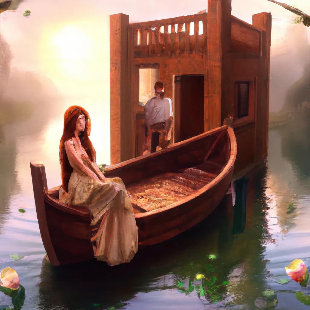 Prompt: "The Lady of Shalott" by John William Waterhouse, in the style of a Ikea building instruction and a reality show painted by Anna Dittmann and Tom Bagshaw 