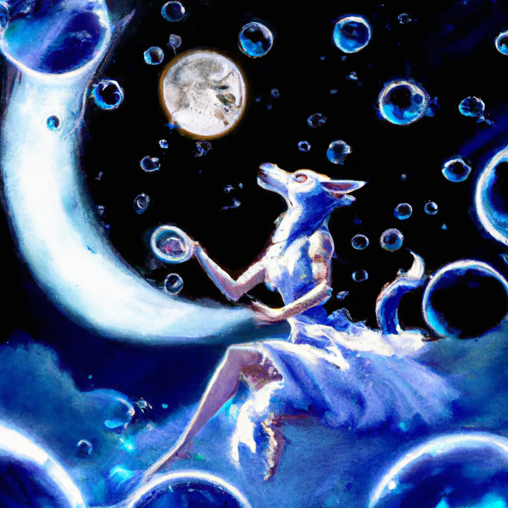 Prompt: a white wolf fursona goddess wearing a dark blue robe that sits on a crescent moon in the middle of night sky and blows soap bubbles which turn into celestial bodies surrounding her, high resolution, painted by Glen Keane